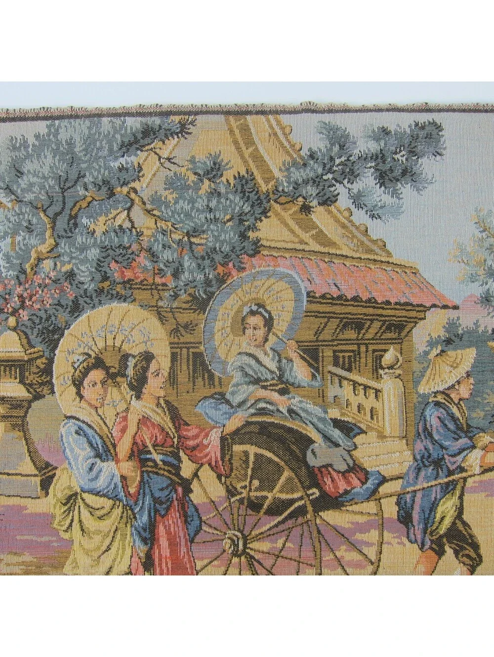 Vintage French Tapestry Japanese Geisha Parasol Cart Pagoda with Rod 25 x 19
